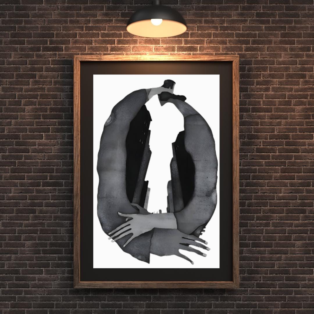 Abstract Embrace and Urban Silhouette Art Print | Modern Black and White Surrealist Painting | Contemporary Wall Art for Minimalist Spaces - Social Canvas