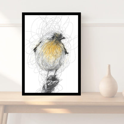 Whimsical Scribble Robin Artwork | Yellow and Black Bird Illustration | Minimalist Nature-Inspired Wall Art for Home Decor - Social Canvas