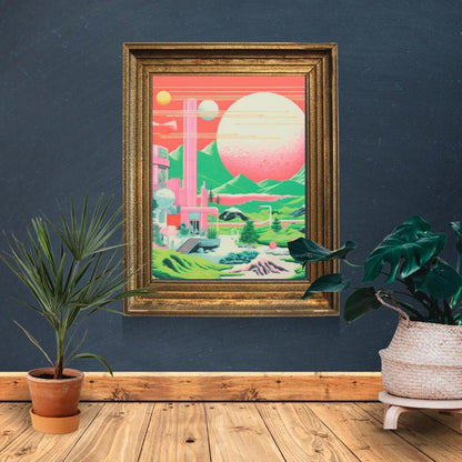 Retro Futuristic Landscape Art – Vibrant Sci-Fi Poster with Neon Planets and Cosmic Architecture - Social Canvas