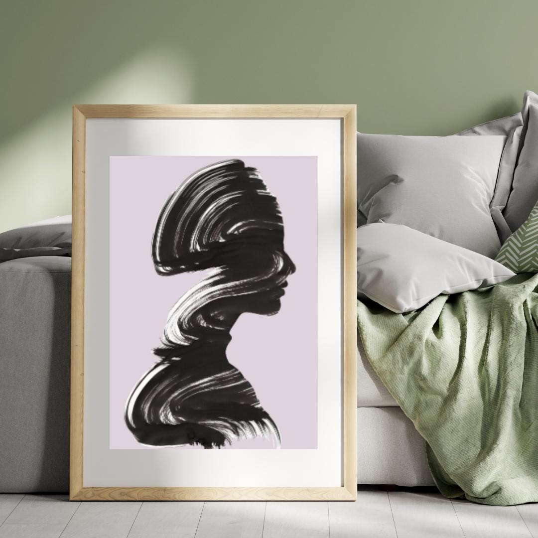 Abstract Silhouette Wall Art | Minimalist Black Brushstroke Portrait with Pastel Lavender Background |  Home Decor for Living Room or Office - Social Canvas