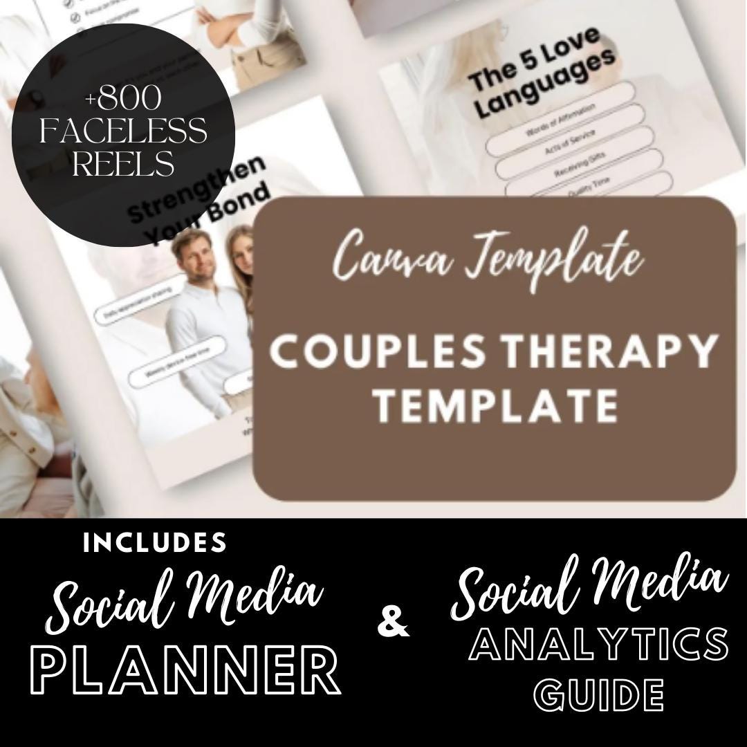 30 Couples Therapy Templates | Relationship Coaching, Marriage Counseling | Social Media Planner, Analytics Guide and 800 Faceless Videos - Social Canvas