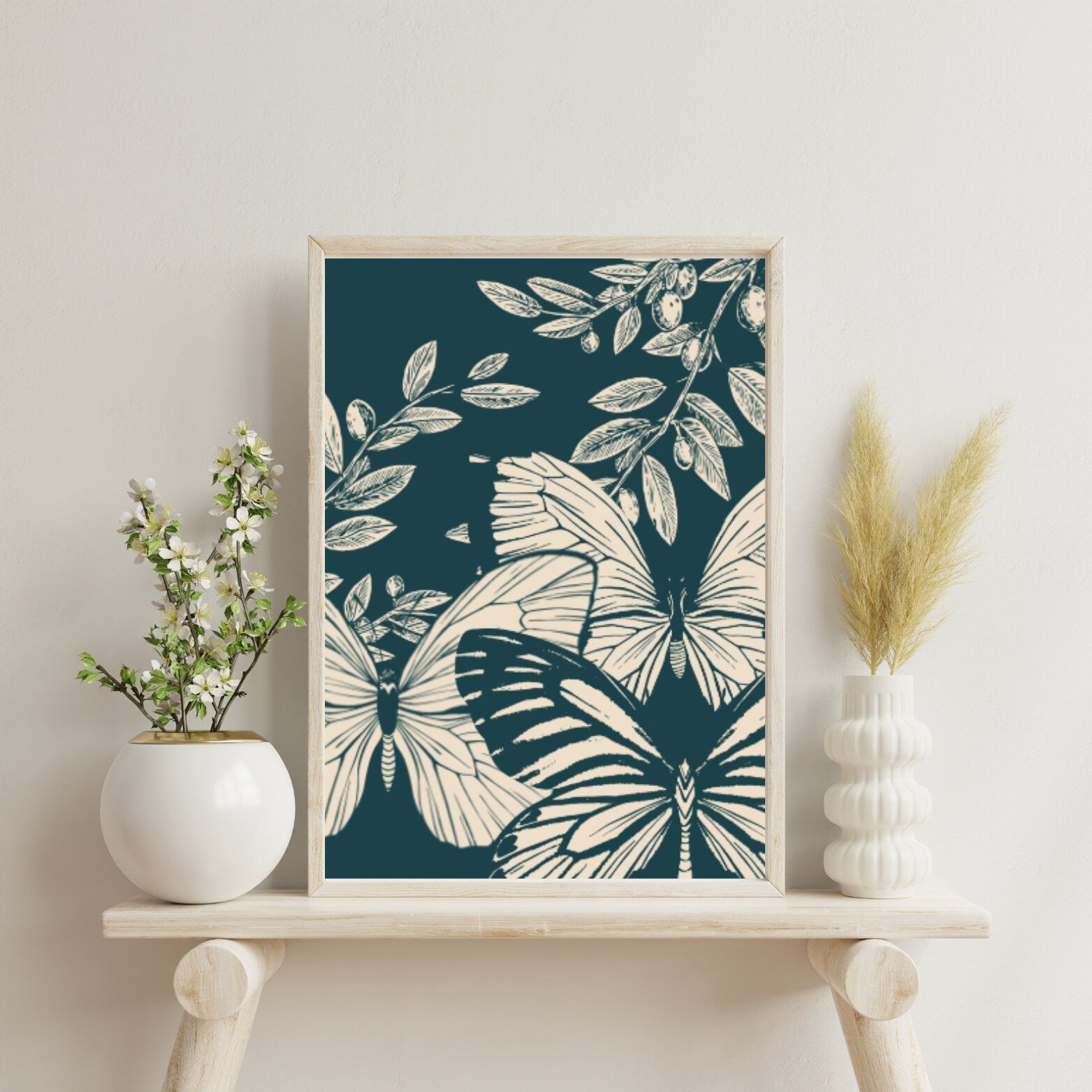 Vintage Botanical Butterfly Illustration – Elegant Green and Cream Art Print - Social Canvas