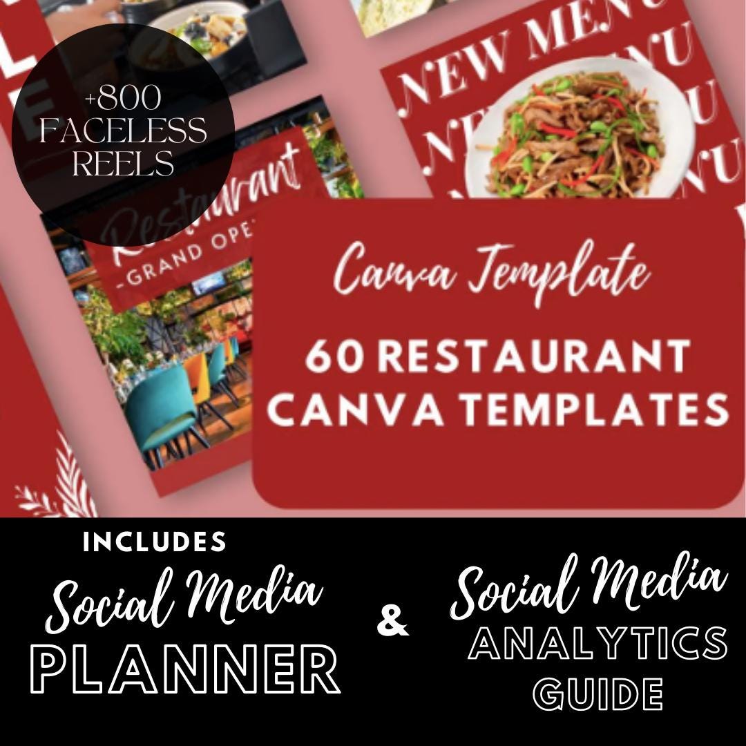 60 Restaurant Canva Templates | Cafes | Menu| Promotions | Grand Opening Posts | Social Media Planner, Analytics Guide 800 Faceless Videos - Social Canvas