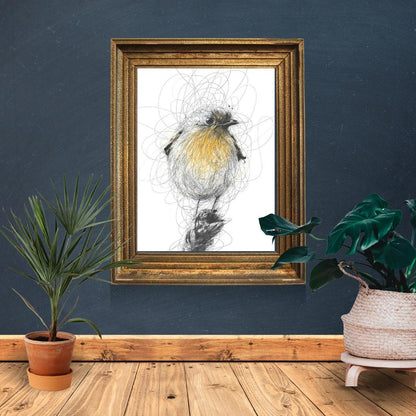 Whimsical Scribble Robin Artwork | Yellow and Black Bird Illustration | Minimalist Nature-Inspired Wall Art for Home Decor - Social Canvas