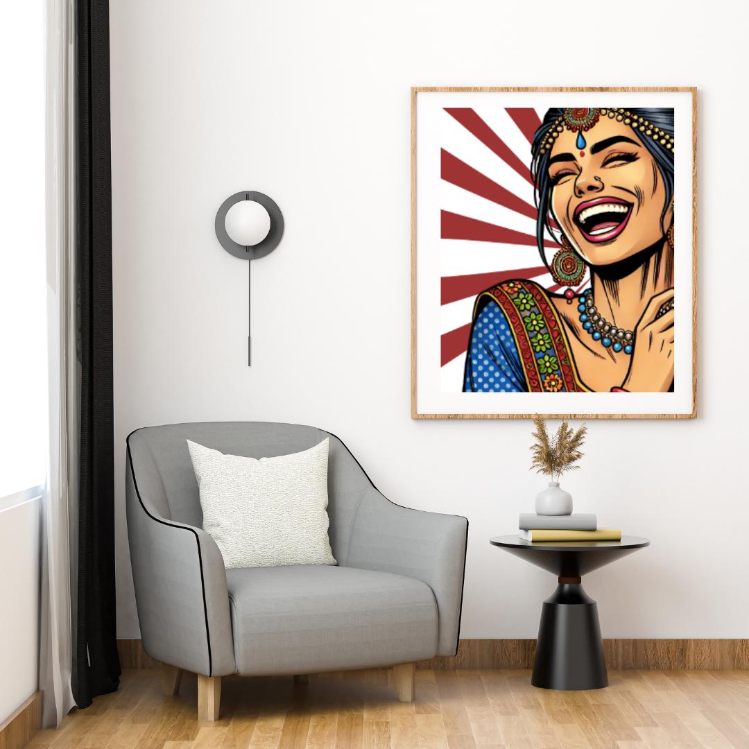 Vibrant Indian Woman Laughing | Pop Art Digital Print | Indian Pop Art Style Print | Bollywood Art - Free Bonus Prints - Social Canvas