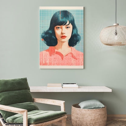 Retro Futuristic Female Portrait - Blue and Coral Abstract Art Print - Contemporary Wall Decor - Social Canvas