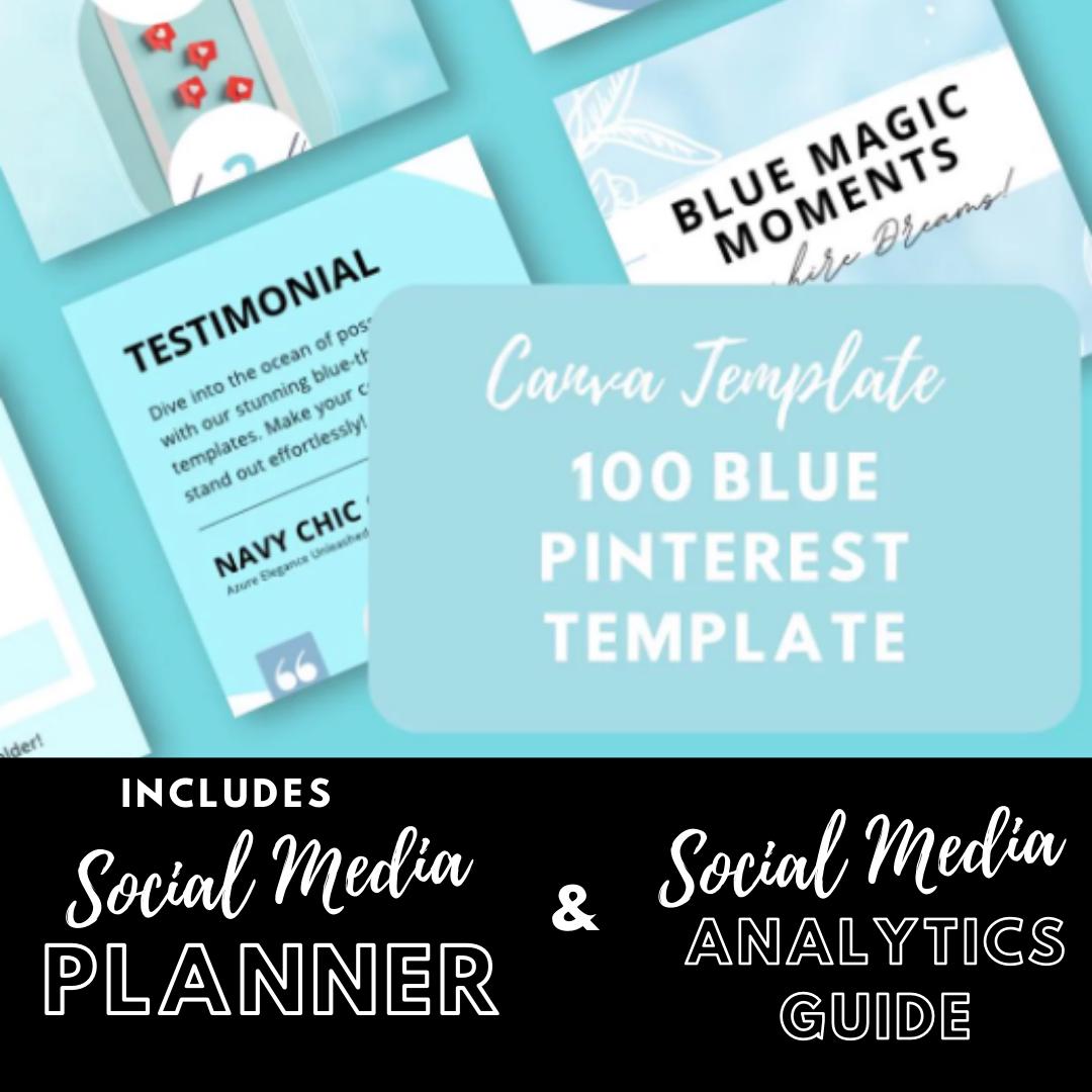 100 Blue Pinterest Templates Canva | Aesthetic Pin Designs | Editable Pinterest Graphics | Social Media Planner Analytics Guide - Social Canvas