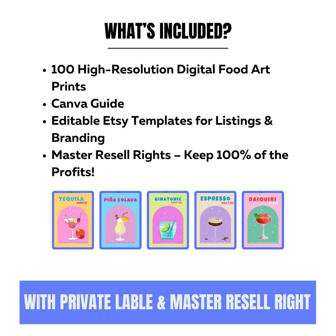 100 Food Art Prints | Resellable Digital Art Bundle + Canva Guide + SEO Listing Templates | MRR Digital Download - Social Canvas