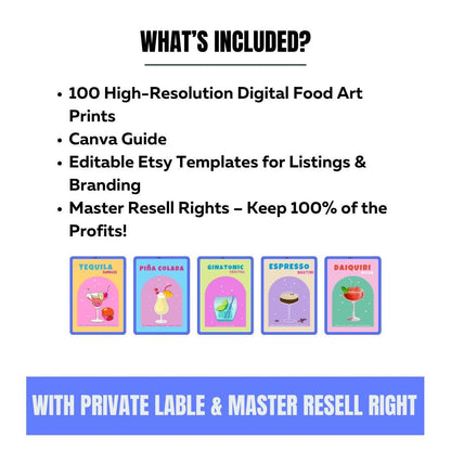 100 Food Art Prints | Resellable Digital Art Bundle + Canva Guide + SEO Listing Templates | MRR Digital Download - Social Canvas