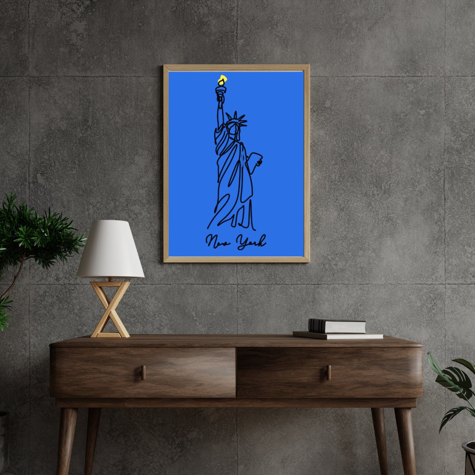 Statue of Liberty Line Art Print, Modern Minimalist New York Wall Art, Bold Blue and Yellow Poster, Digital Download - Social Canvas