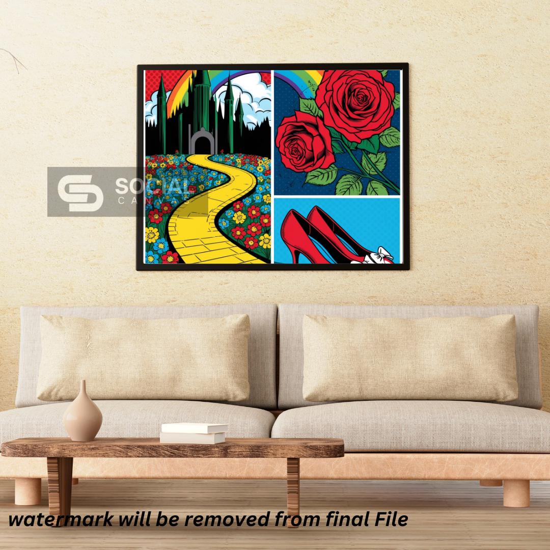 Wizard of Oz Style Pop Art Poster - Yellow Brick Road & Ruby Slippers Wall Art | 300 DPI - Social Canvas
