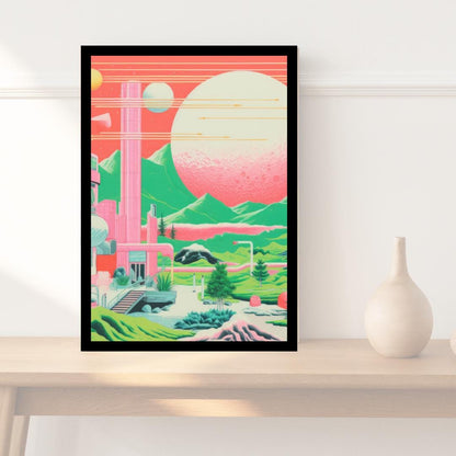Retro Futuristic Landscape Art – Vibrant Sci-Fi Poster with Neon Planets and Cosmic Architecture - Social Canvas