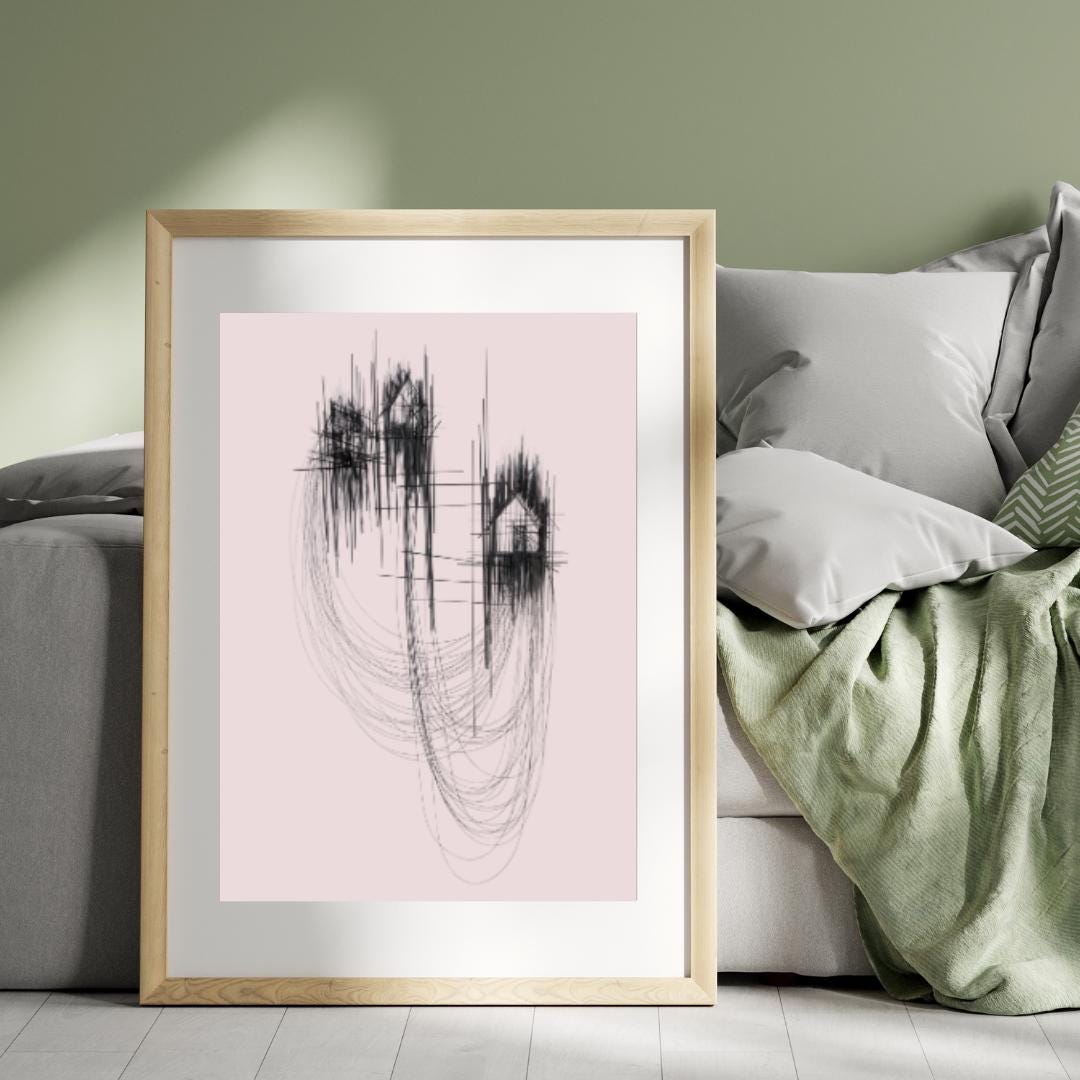 Minimalist Abstract Line Art | Black and Pink Modern Wall Art | Contemporary House Sketch Design for Home or Office Decor - Social Canvas