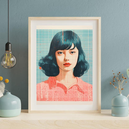 Retro Futuristic Female Portrait - Blue and Coral Abstract Art Print - Contemporary Wall Decor - Social Canvas