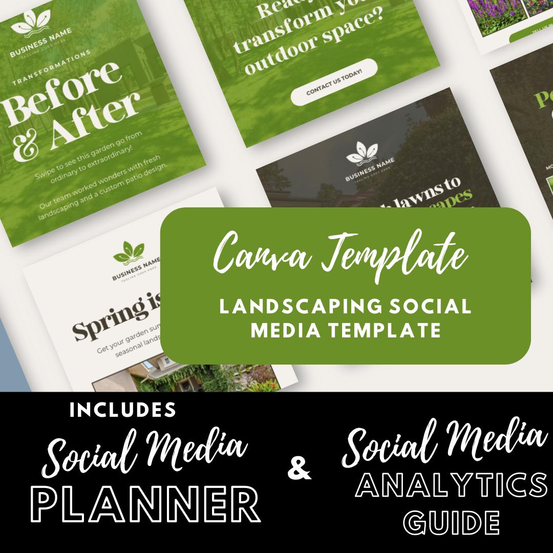 Landscaping Social Media Template Bundle | Canva Lawn Care Marketing Kit | Gardening Business | Social Media Planner and Analytics Guide - Social Canvas