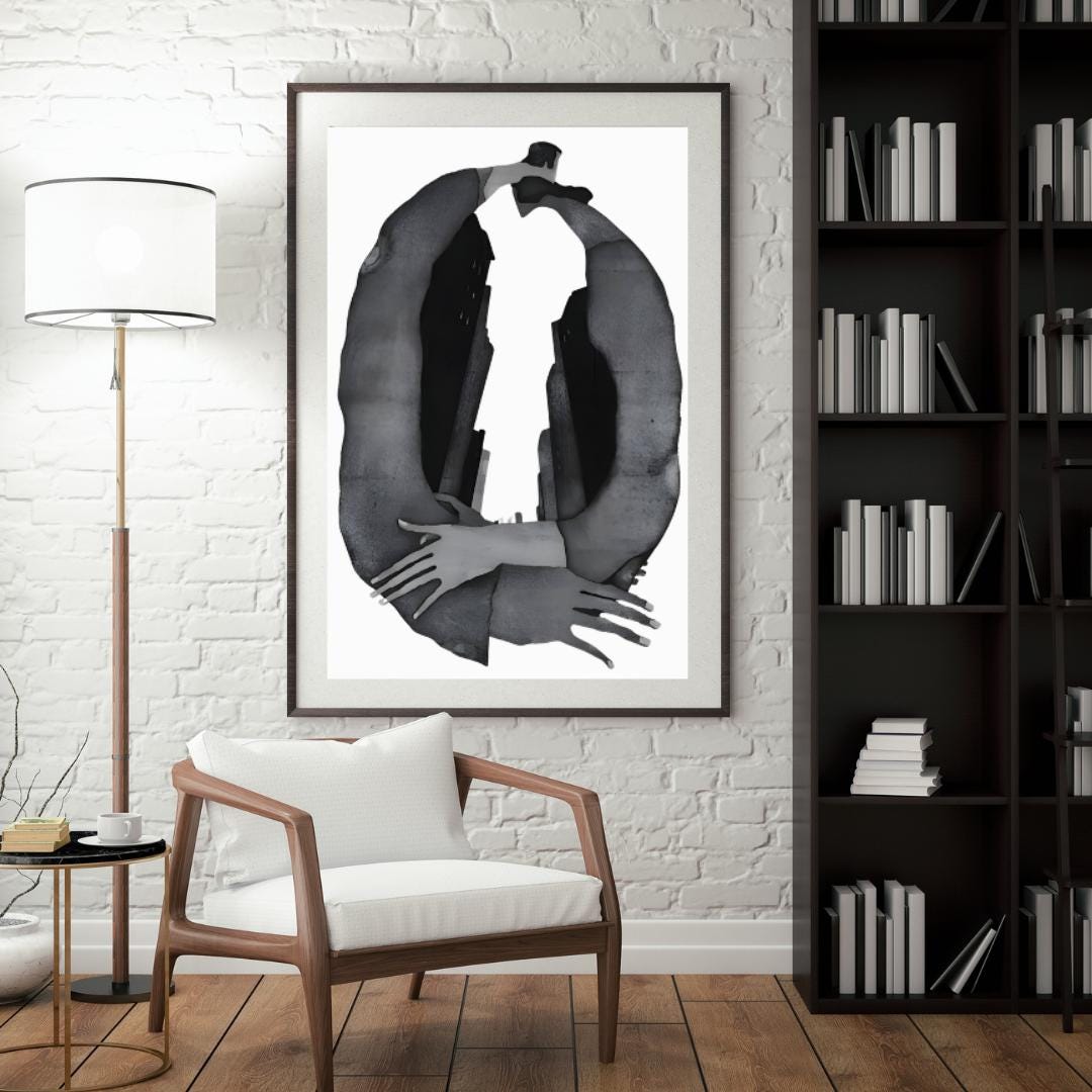 Abstract Embrace and Urban Silhouette Art Print | Modern Black and White Surrealist Painting | Contemporary Wall Art for Minimalist Spaces - Social Canvas