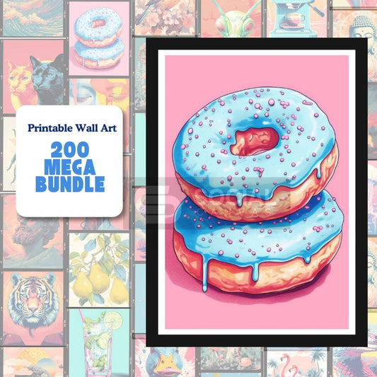 Blue Iced Donut Stack Art Print – Fun Pop Art Dessert Illustration – Colorful Retro Kitchen Decor | 200 Mega Bundle - Printable Wall Art - Social Canvas