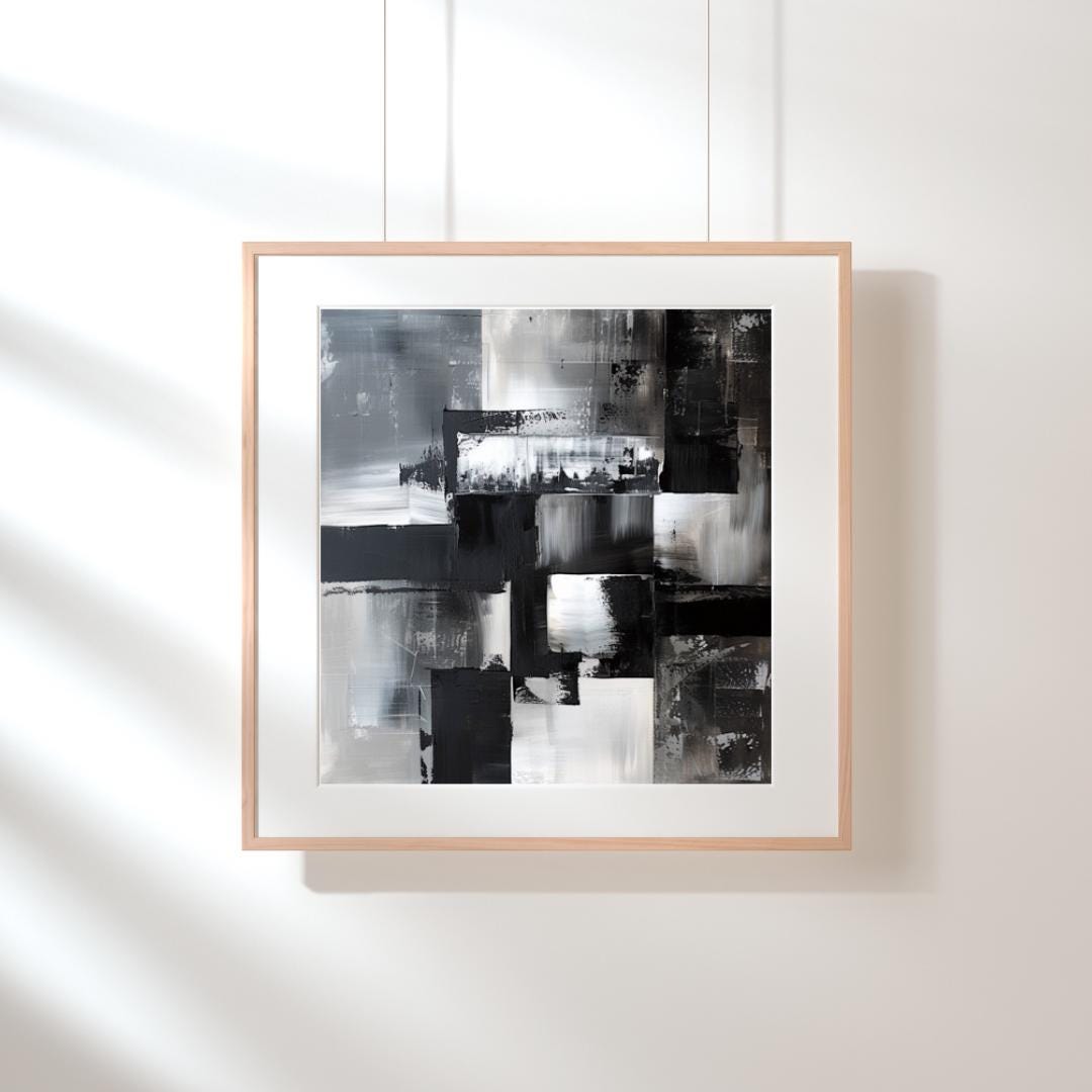 Monochrome Abstract Wall Art Print | Black and White Geometric Art | Modern Minimalist Home Decor | Contemporary Textured Painting - Social Canvas