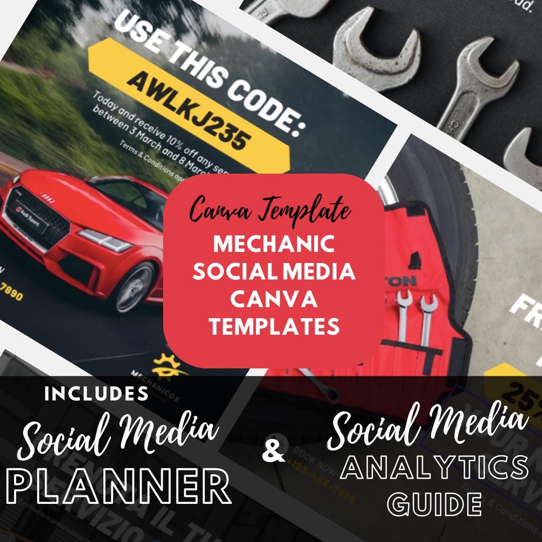 15 Mechanic Social Media Canva Templates | Social Media Planner and Analytics Guide | Canva Template Bundle | Editable Social Media Graphics - Social Canvas