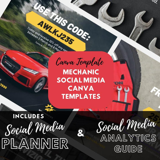 15 Mechanic Social Media Canva Templates | Social Media Planner and Analytics Guide | Canva Template Bundle | Editable Social Media Graphics - Social Canvas