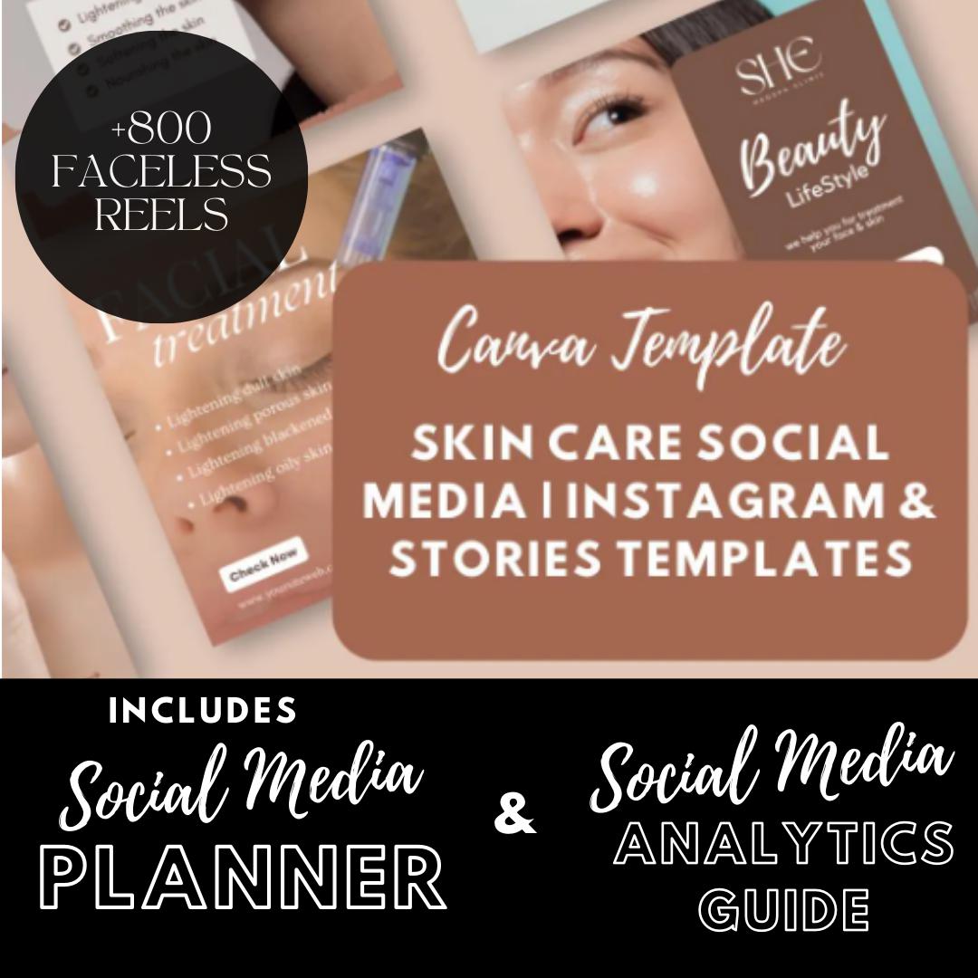 Skincare Instagram and Stories | Beauty | Aesthetic Skin Care Graphics |Social Media Planner, Analytics Guide | 800 Faceless Videos - Social Canvas