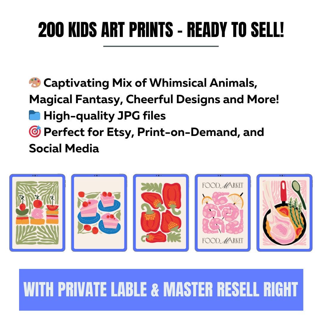 100 Food Art Prints | Resellable Digital Art Bundle + Canva Guide + SEO Listing Templates | MRR Digital Download - Social Canvas