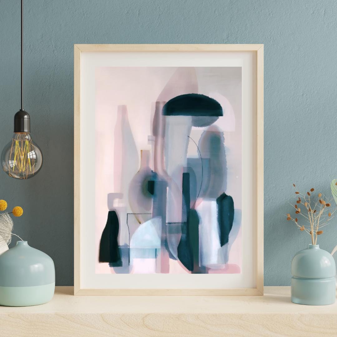 Abstract Still Life Bottles Art Print | Modern Minimalist Pastel Wall Decor | Contemporary Home and Office Artwork - Social Canvas