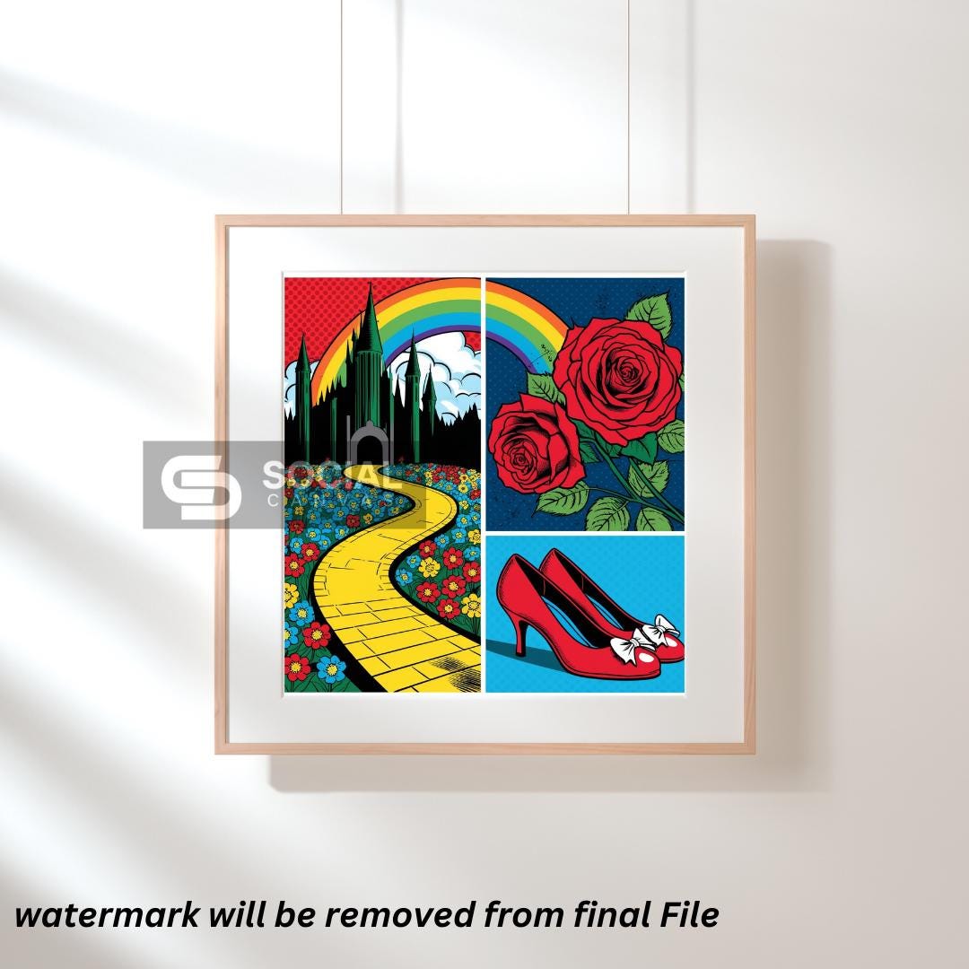 Wizard of Oz Style Pop Art Poster - Yellow Brick Road & Ruby Slippers Wall Art | 300 DPI - Social Canvas