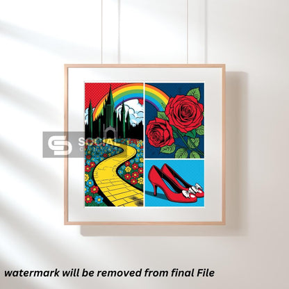 Wizard of Oz Style Pop Art Poster - Yellow Brick Road & Ruby Slippers Wall Art | 300 DPI - Social Canvas