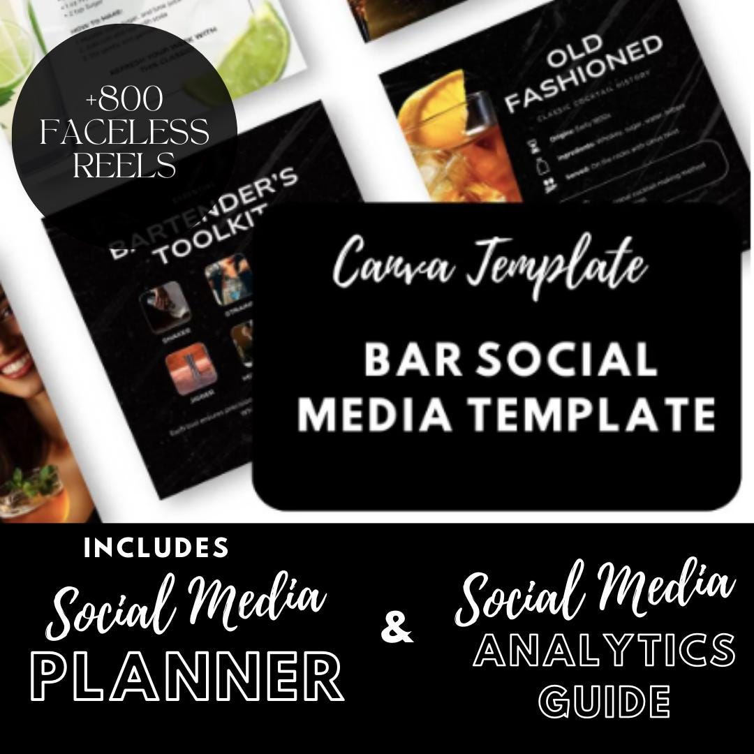 30 Bar Social Media | Cocktail Menus, Happy Hour & Event Promotions | Social Media Planner, Analytics Guide and 800 Faceless Videos - Social Canvas