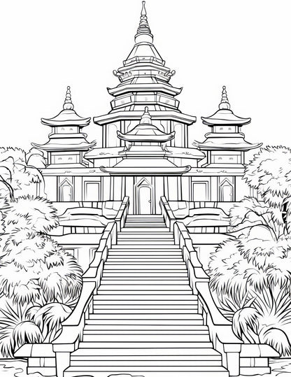 Temple Coloring Book | 25-Page Canva Template with Sacred Architecture Designs | Spiritual & Cultural Landmark Coloring Pages - Social Canvas