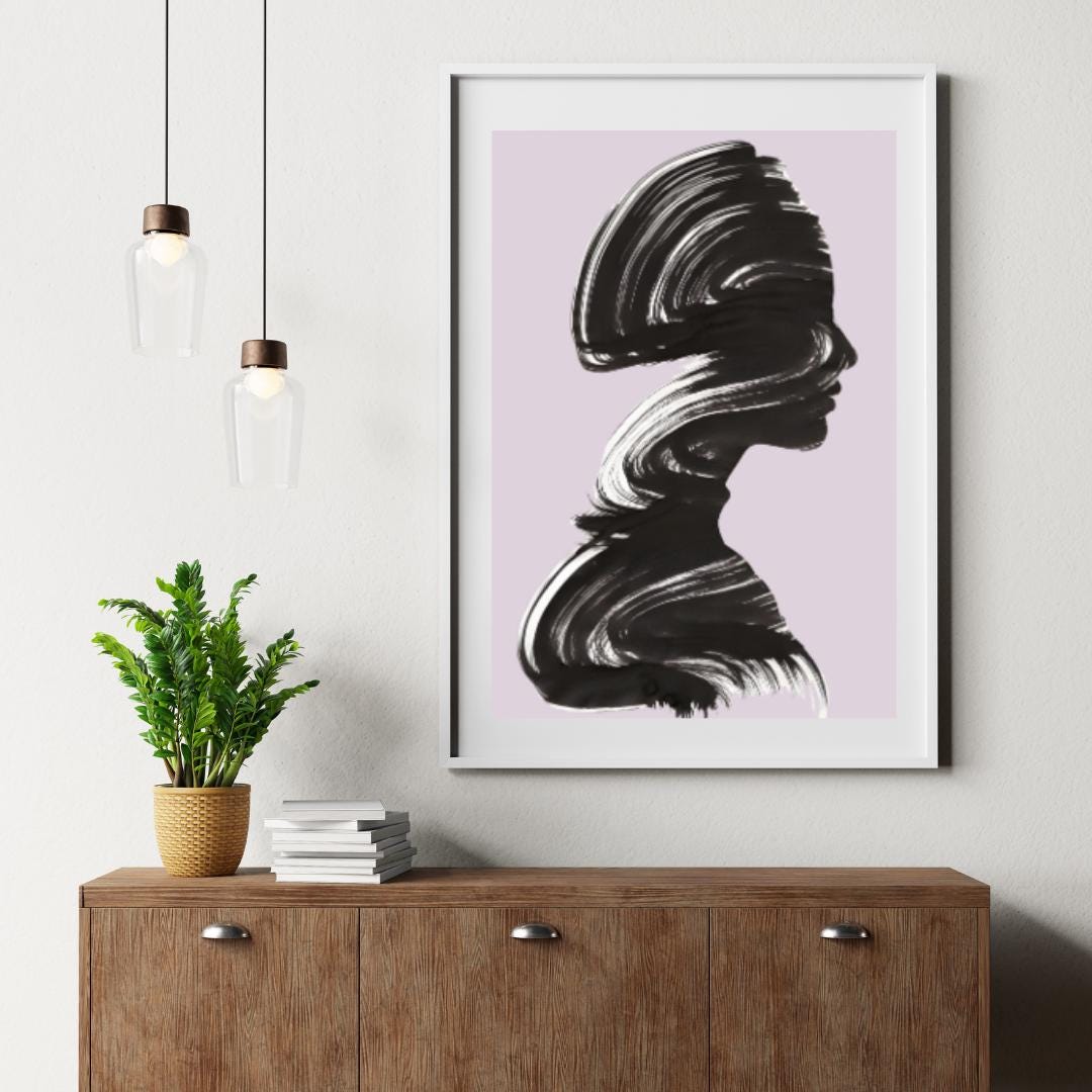 Abstract Silhouette Wall Art | Minimalist Black Brushstroke Portrait with Pastel Lavender Background |  Home Decor for Living Room or Office - Social Canvas