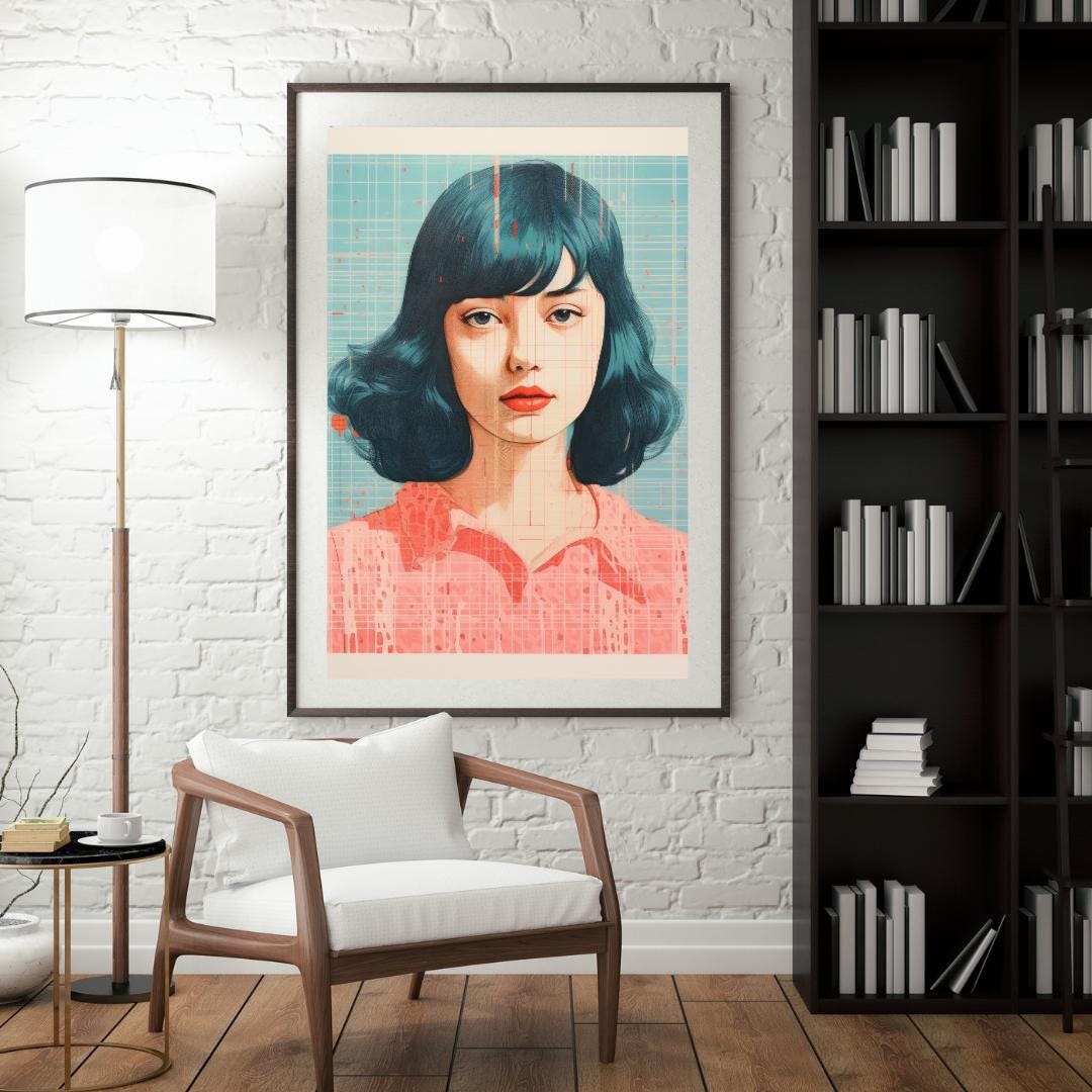 Retro Futuristic Female Portrait - Blue and Coral Abstract Art Print - Contemporary Wall Decor - Social Canvas