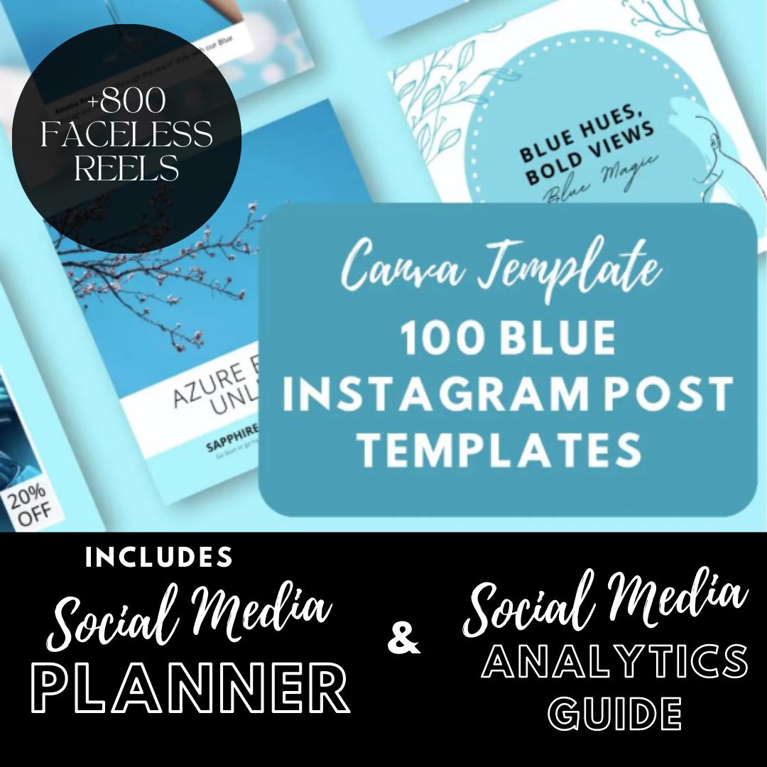 100 Blue Instagram Post Templates Canva | Aesthetic IG | Social Media Planner, Analytics Guide | 800 Faceless Videos - Social Canvas