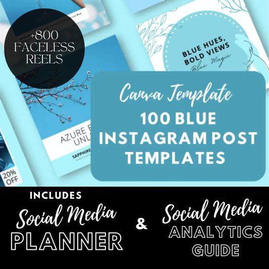 100 Blue Instagram Post Templates Canva | Aesthetic IG | Social Media Planner, Analytics Guide | 800 Faceless Videos - Social Canvas