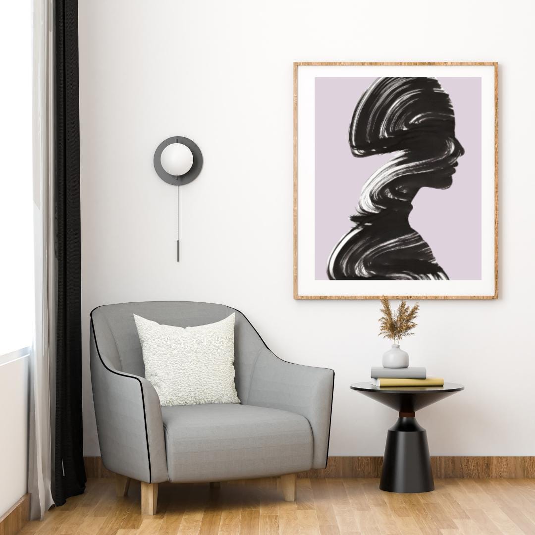 Abstract Silhouette Wall Art | Minimalist Black Brushstroke Portrait with Pastel Lavender Background |  Home Decor for Living Room or Office - Social Canvas