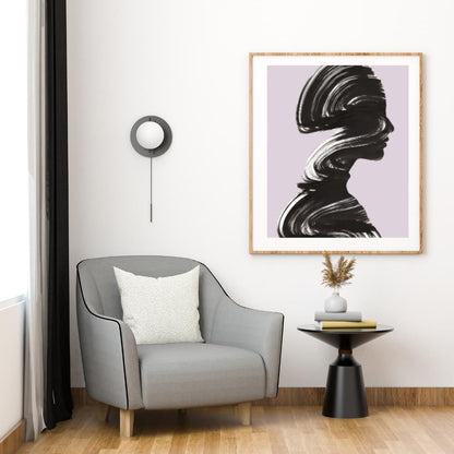 Abstract Silhouette Wall Art | Minimalist Black Brushstroke Portrait with Pastel Lavender Background |  Home Decor for Living Room or Office - Social Canvas