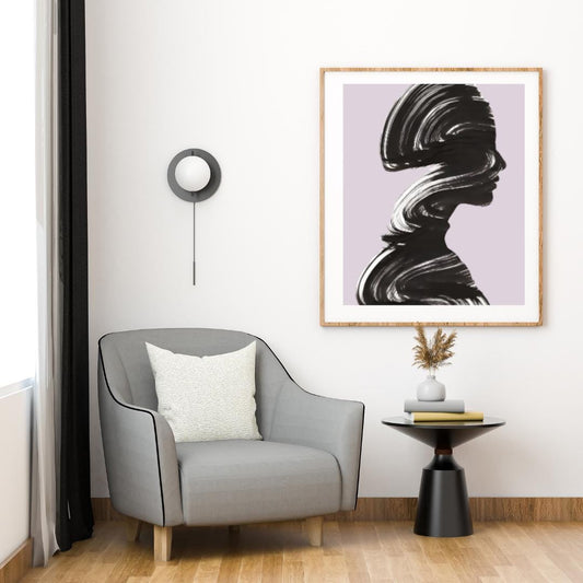 Abstract Silhouette Wall Art | Minimalist Black Brushstroke Portrait with Pastel Lavender Background |  Home Decor for Living Room or Office - Social Canvas