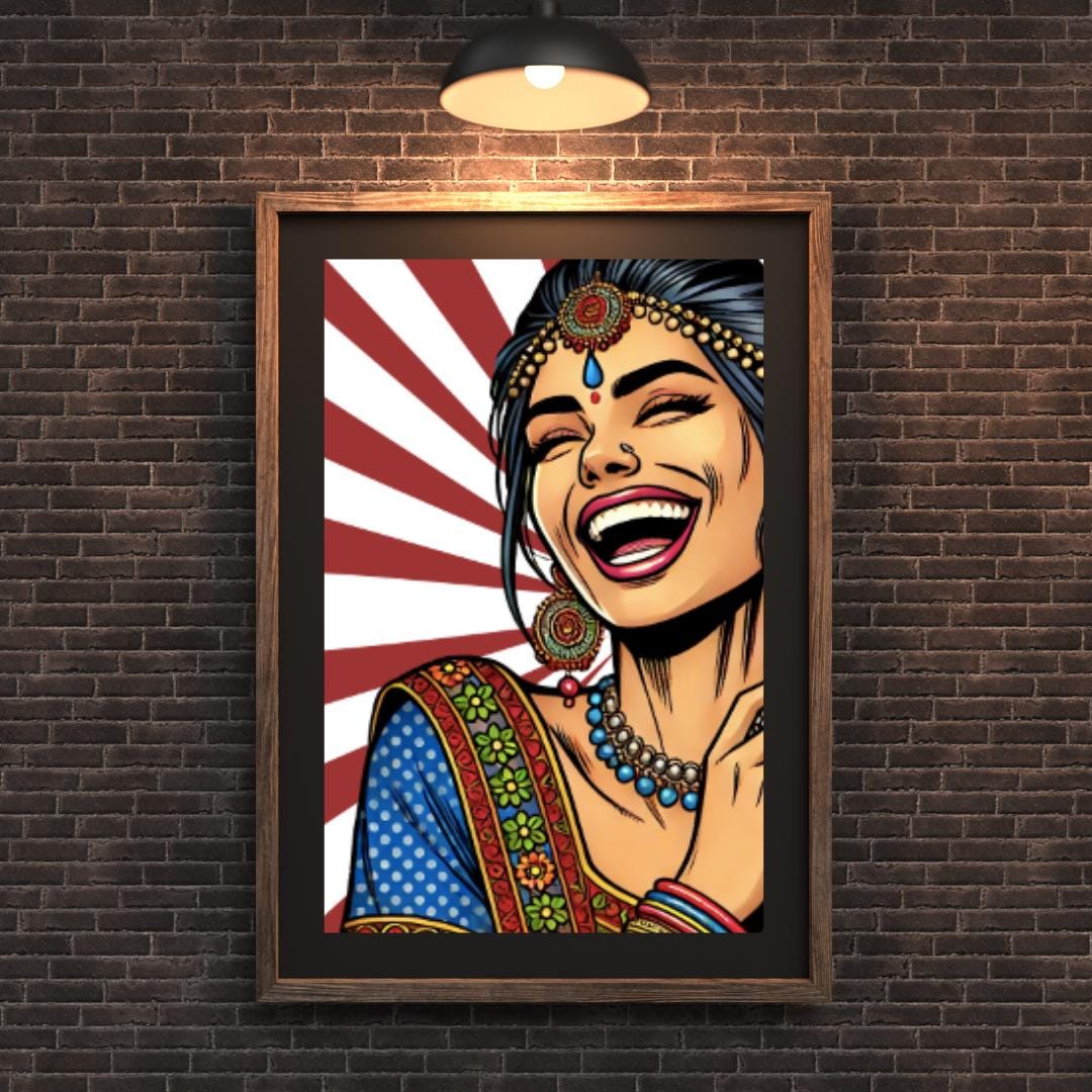 Vibrant Indian Woman Laughing | Pop Art Digital Print | Indian Pop Art Style Print | Bollywood Art - Free Bonus Prints - Social Canvas