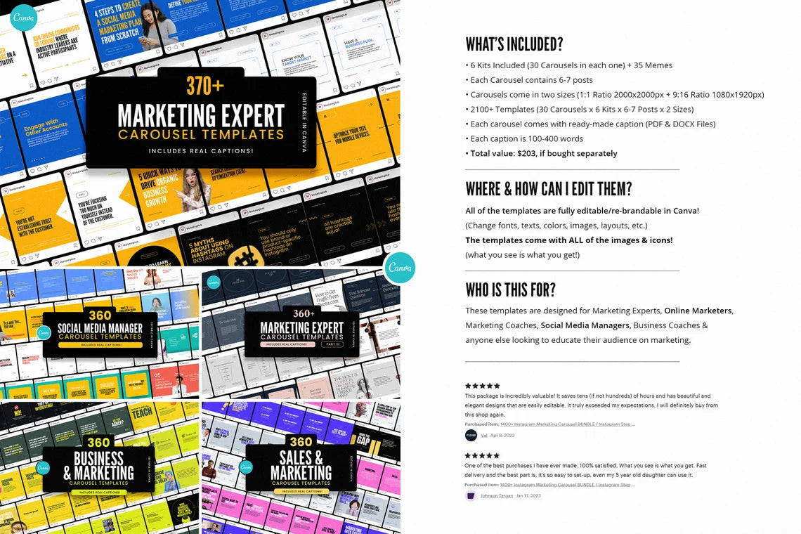 2100+ Instagram & Carousel Templates Kit – Canva Pack for Marketers with Captions