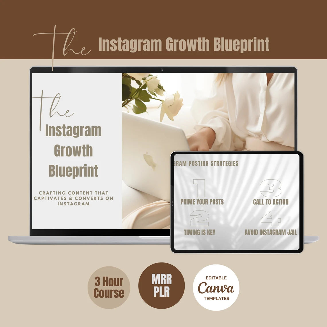 Promotional graphic for 'The Instagram Growth Blueprint' with a laptop and tablet displaying content.