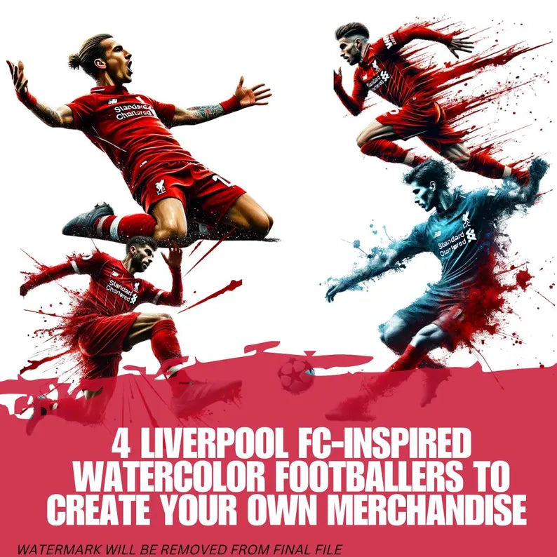Liverpool-Inspired Watercolor Footballer Digital Art | Includes 4 Images | Printable Sports Design for Commercial - Social Canvas