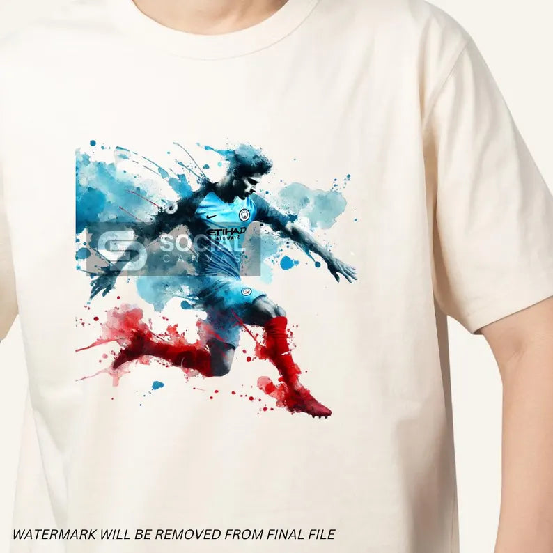 Man City-Inspired Watercolor Footballer Digital Art | Includes An Additional 3 Images | Printable Soccer Design for Commercial Use - Social Canvas