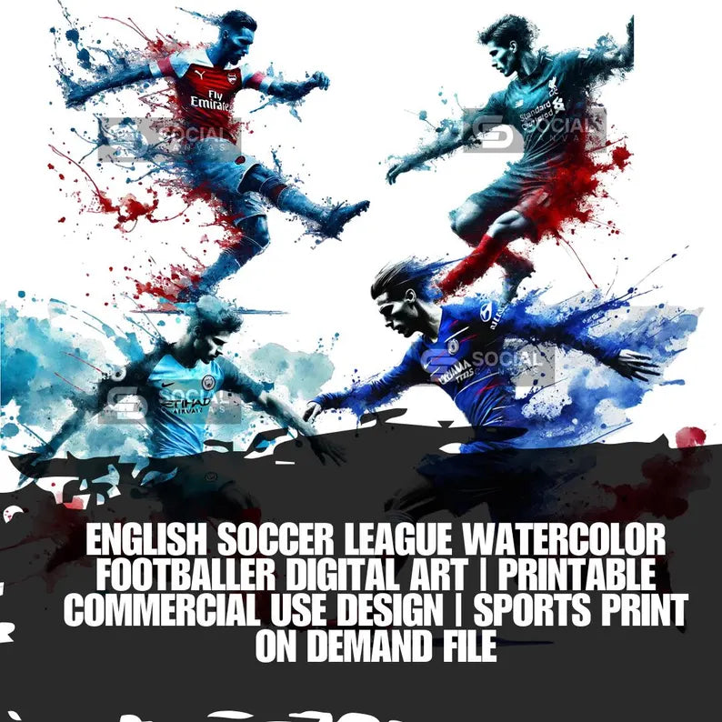 4 Original English Soccer League Watercolor Footballer Digital Art | Printable Commercial Use Design | Sports Print on Demand File - Social Canvas