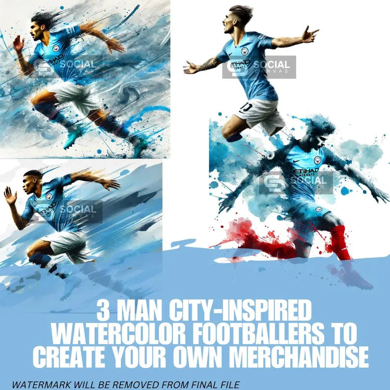 Man City-Inspired Watercolor Footballer Digital Art | Includes An Additional 3 Images | Printable Soccer Design for Commercial Use - Social Canvas