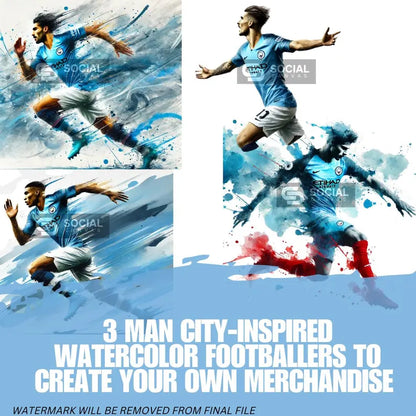 Man City-Inspired Watercolor Footballer Digital Art | Includes An Additional 3 Images | Printable Soccer Design for Commercial Use - Social Canvas