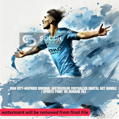 Man City-Inspired Watercolor Footballer Digital Art | Includes An Additional 3 Images | Printable Soccer Design for Commercial Use - Social Canvas