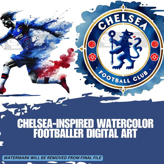 Chelsea-Inspired Watercolor Footballer Digital Art | Includes 4 Images | Printable Soccer Design for Commercial & Personal Use - Social Canvas